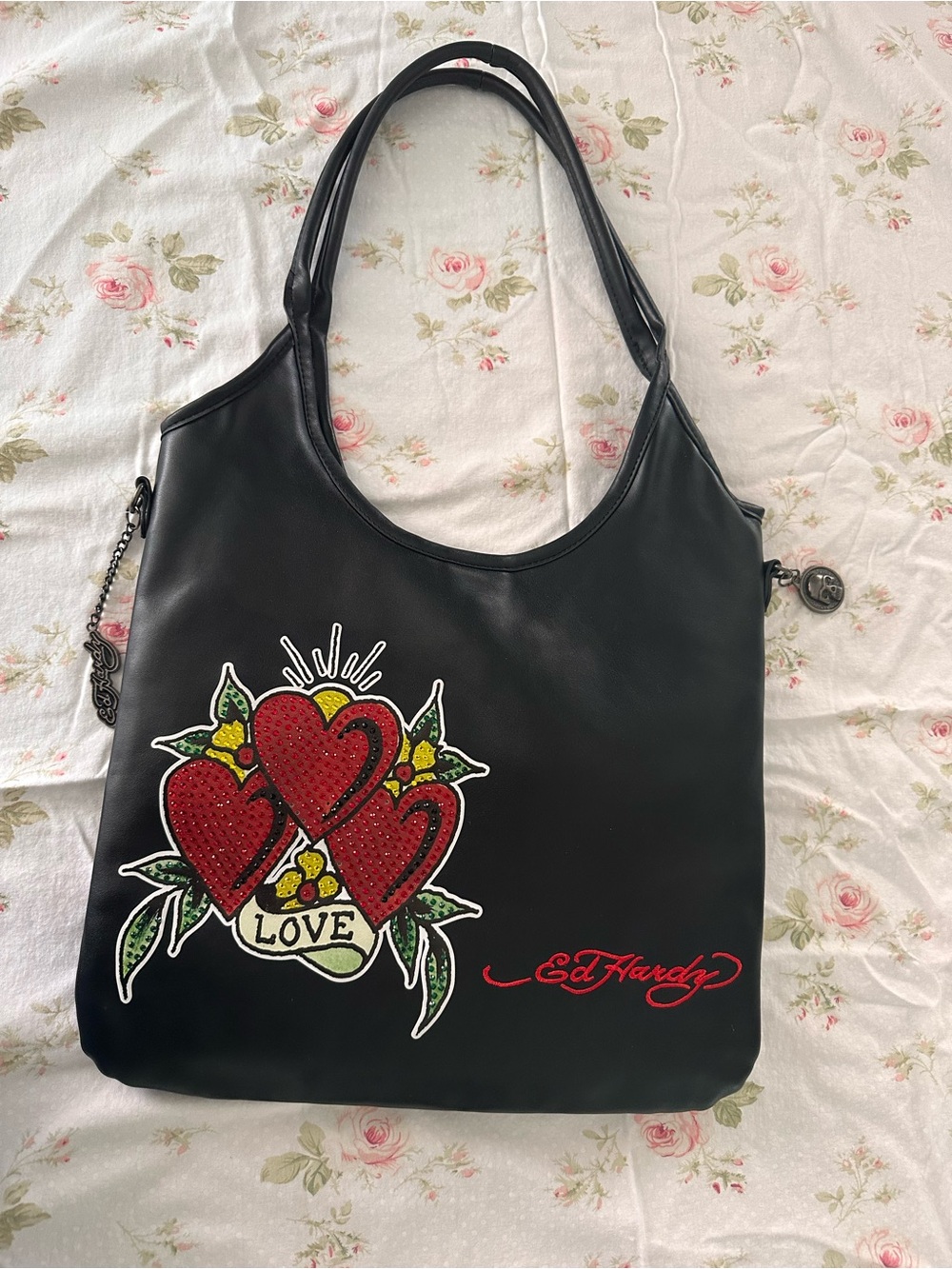Ed Hardy Black Shoulder Bag with Red Heart Cluster